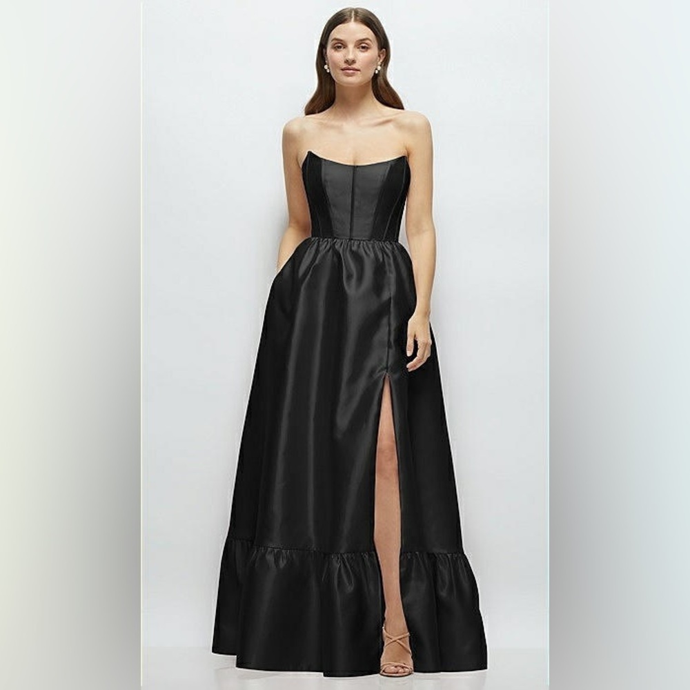 DESSY STRAPLESS CAT-EYE BONED BODICE MAXI DRESS WITH RUFFLE HEM IN BLACK